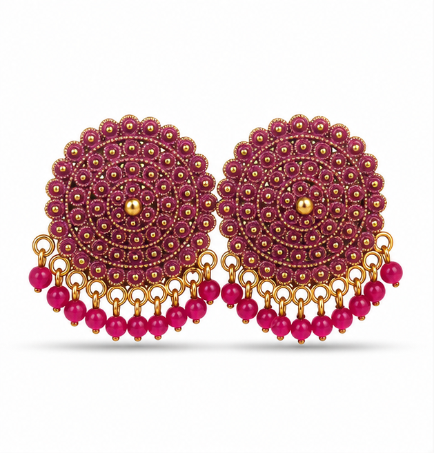 Magenta Circular Statement Earrings with Bead Fringe
