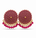 Magenta Circular Statement Earrings with Bead Fringe