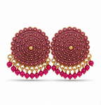 Magenta Circular Statement Earrings with Bead Fringe
