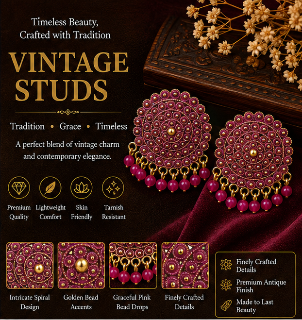 Magenta Circular Statement Earrings with Bead Fringe