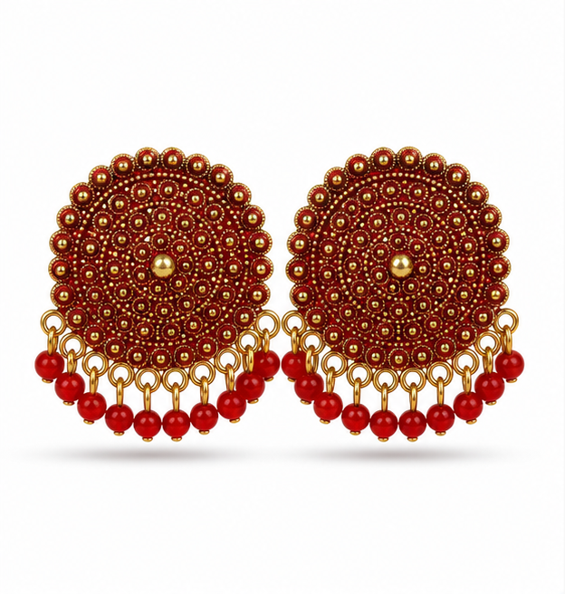 Red Circular Statement Earrings with Bead Fringe