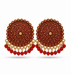 Red Circular Statement Earrings with Bead Fringe