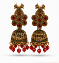 Antique Gold Peacock Temple Jhumka Earrings with Red Beads