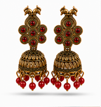 Antique Gold Peacock Temple Jhumka Earrings with Red Beads