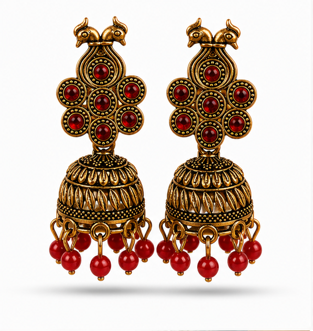 Antique Gold Peacock Temple Jhumka Earrings with Red Beads