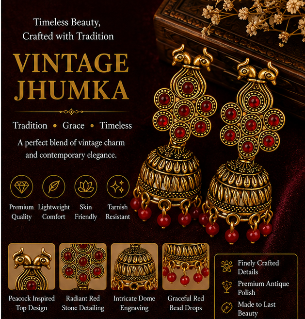 Antique Gold Peacock Temple Jhumka Earrings with Red Beads