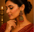 Antique Gold Peacock Temple Jhumka Earrings with Red Beads