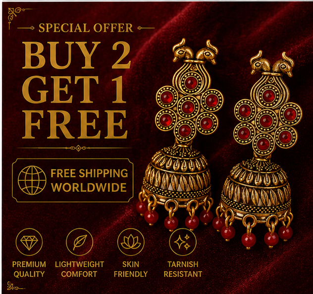 Antique Gold Peacock Temple Jhumka Earrings with Red Beads
