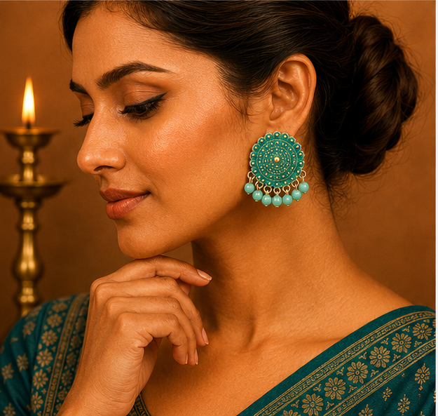 Turquoise Circular Statement Earrings with Bead Fringe