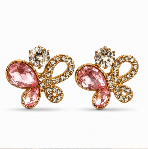 Pink Crystal Butterfly Stud Earrings