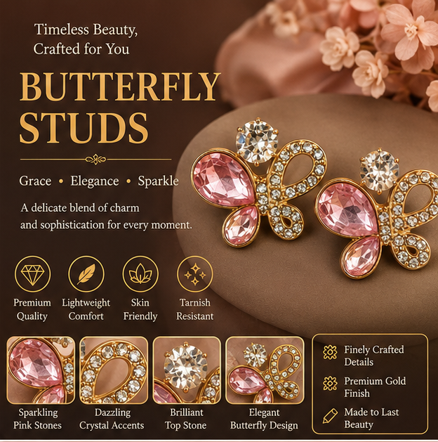 Pink Crystal Butterfly Stud Earrings