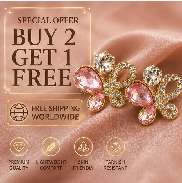 Pink Crystal Butterfly Stud Earrings