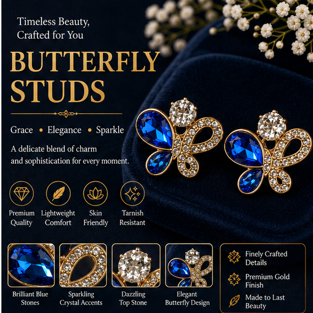 Blue Crystal Butterfly Stud Earrings