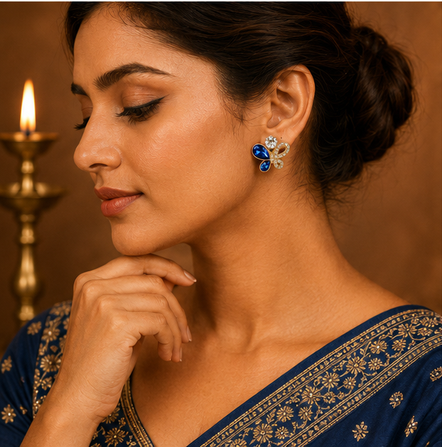Blue Crystal Butterfly Stud Earrings