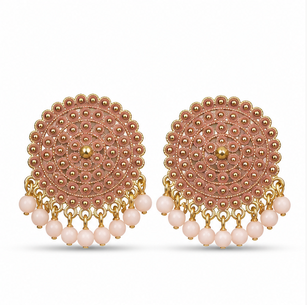 Pink Circular Statement Earrings with Bead Fringe