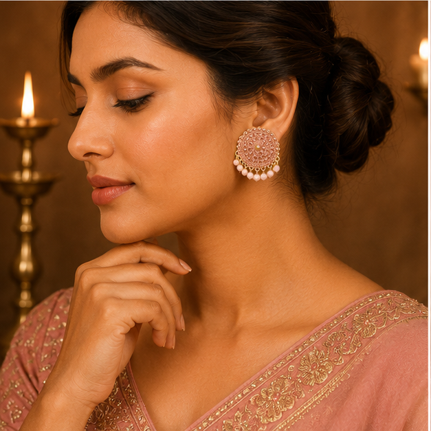 Pink Circular Statement Earrings with Bead Fringe