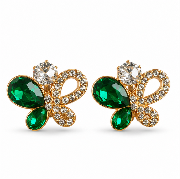 Green Crystal Butterfly Stud Earrings for Women