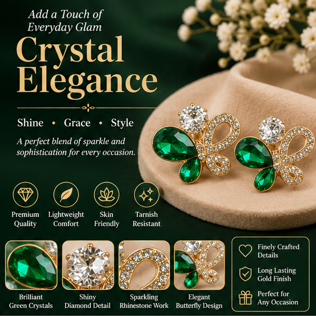 Green Crystal Butterfly Stud Earrings for Women