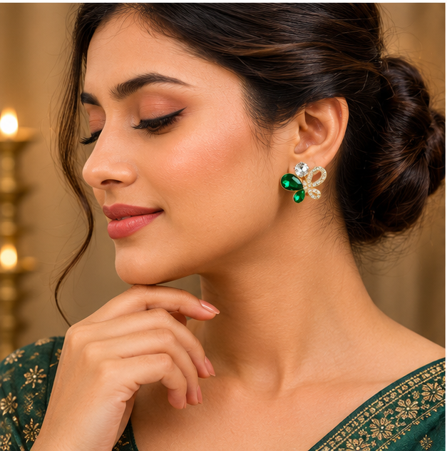 Green Crystal Butterfly Stud Earrings for Women