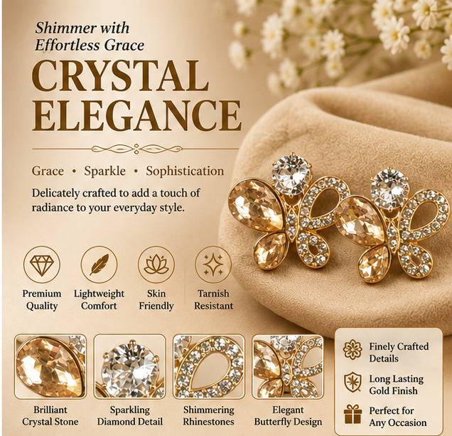 Champagne Crystal Butterfly Stud Earrings
