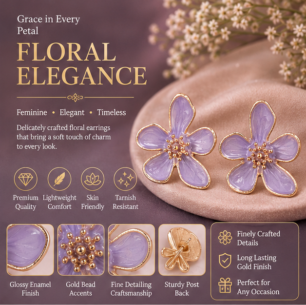 Lavender Floral Enamel Stud Earrings for Women