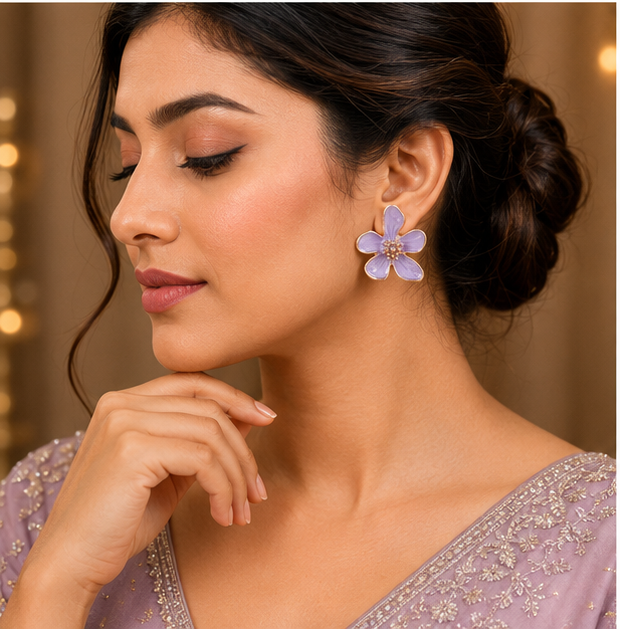 Lavender Floral Enamel Stud Earrings for Women