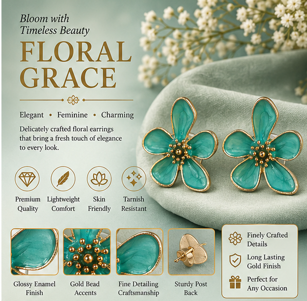 Turquoise Floral Enamel Stud Earrings for Women