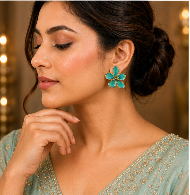 Turquoise Floral Enamel Stud Earrings for Women