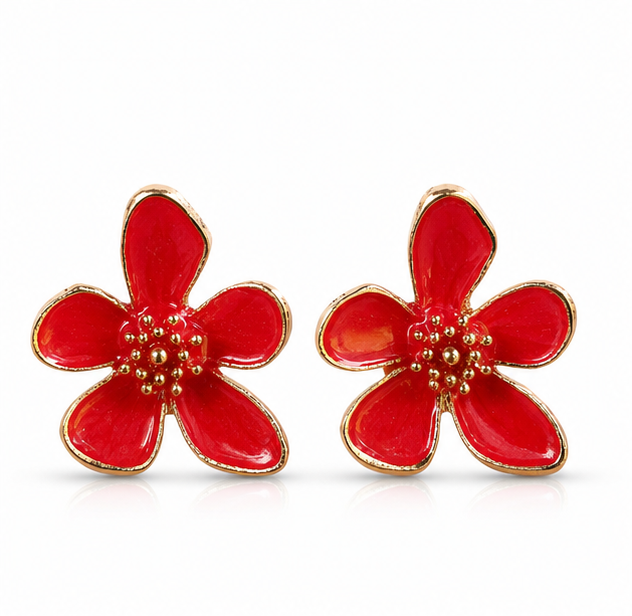 Red Floral Enamel Stud Earrings for Women