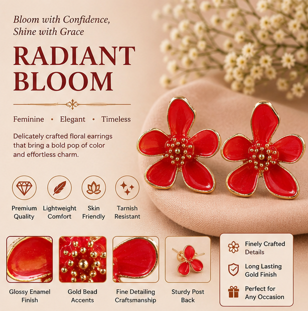 Red Floral Enamel Stud Earrings for Women