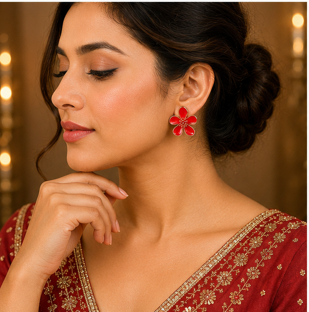 Red Floral Enamel Stud Earrings for Women
