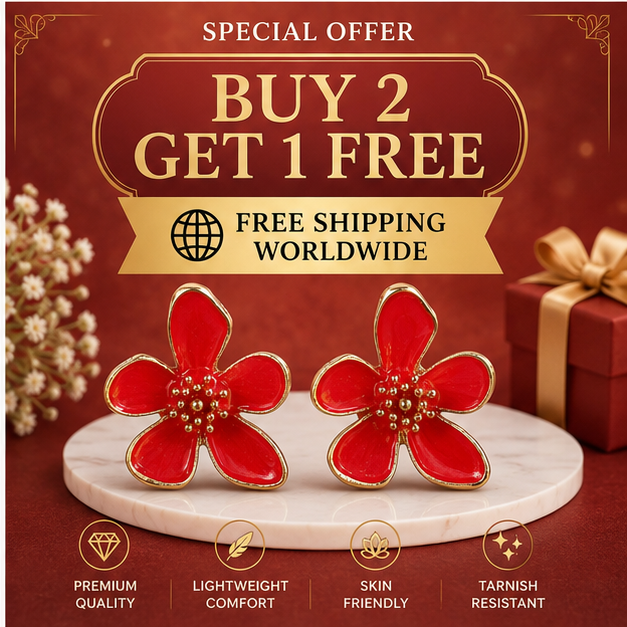 Red Floral Enamel Stud Earrings for Women