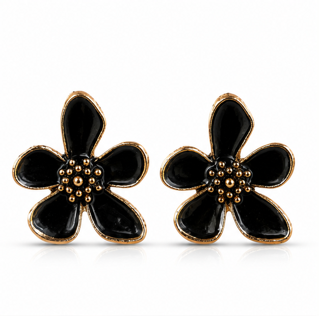 Black Floral Enamel Stud Earrings for Women