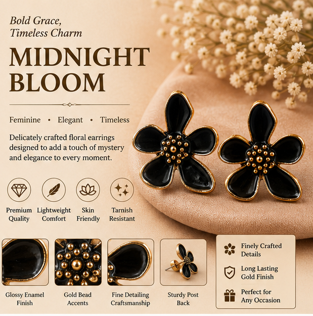 Black Floral Enamel Stud Earrings for Women