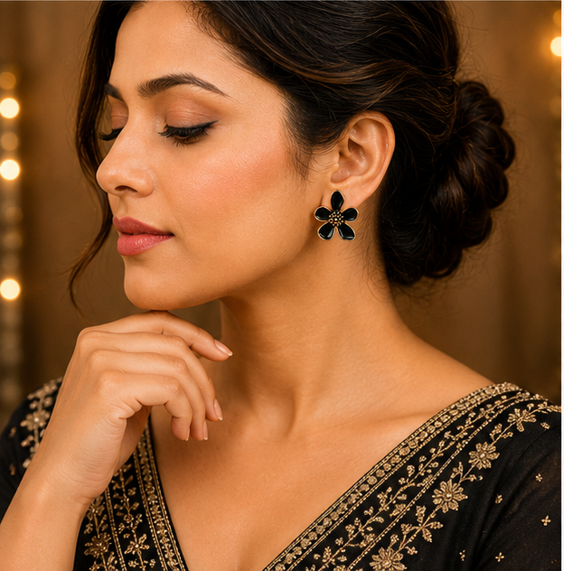 Black Floral Enamel Stud Earrings for Women