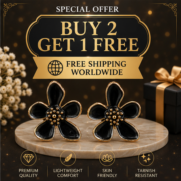 Black Floral Enamel Stud Earrings for Women