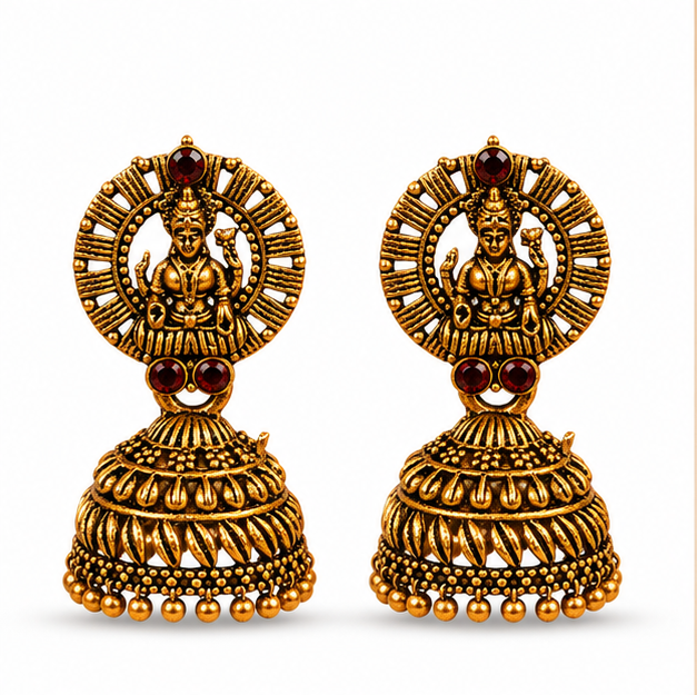 Antique Gold Lakshmi Temple Jhumka Earrings with Red Stones