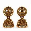 Antique Gold Lakshmi Temple Jhumka Earrings with Red Stones