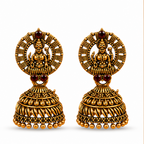 Antique Gold Lakshmi Temple Jhumka Earrings with Red Stones