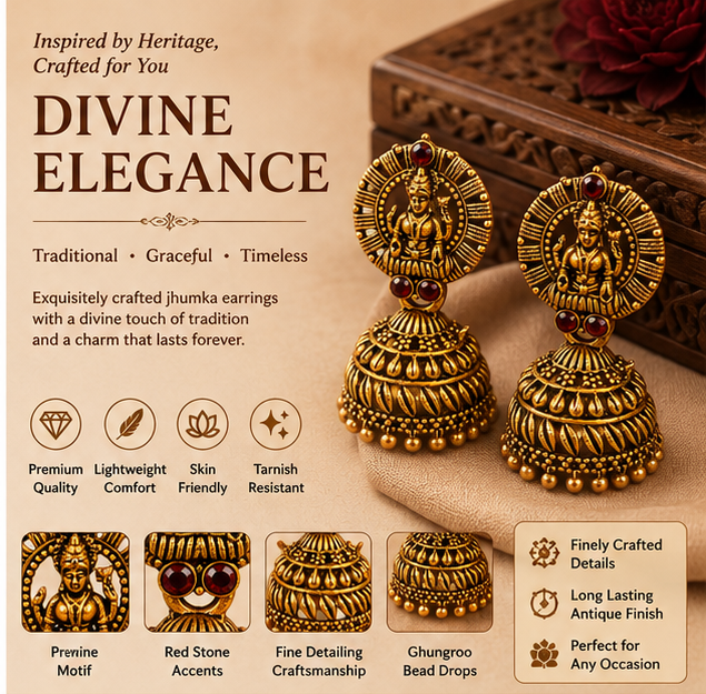 Antique Gold Lakshmi Temple Jhumka Earrings with Red Stones