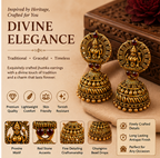 Antique Gold Lakshmi Temple Jhumka Earrings with Red Stones