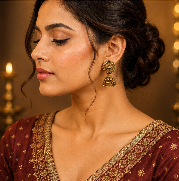 Antique Gold Lakshmi Temple Jhumka Earrings with Red Stones