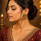 Antique Gold Lakshmi Temple Jhumka Earrings with Red Stones
