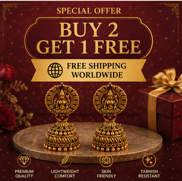 Antique Gold Lakshmi Temple Jhumka Earrings with Red Stones