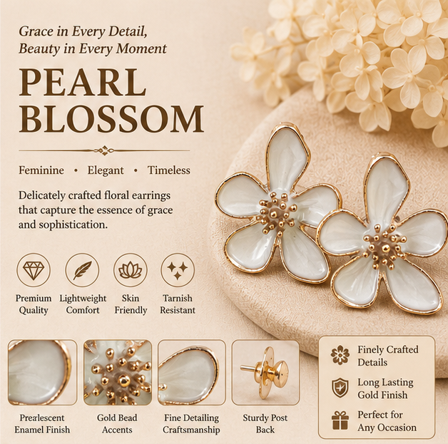 White Floral Enamel Stud Earrings for Women