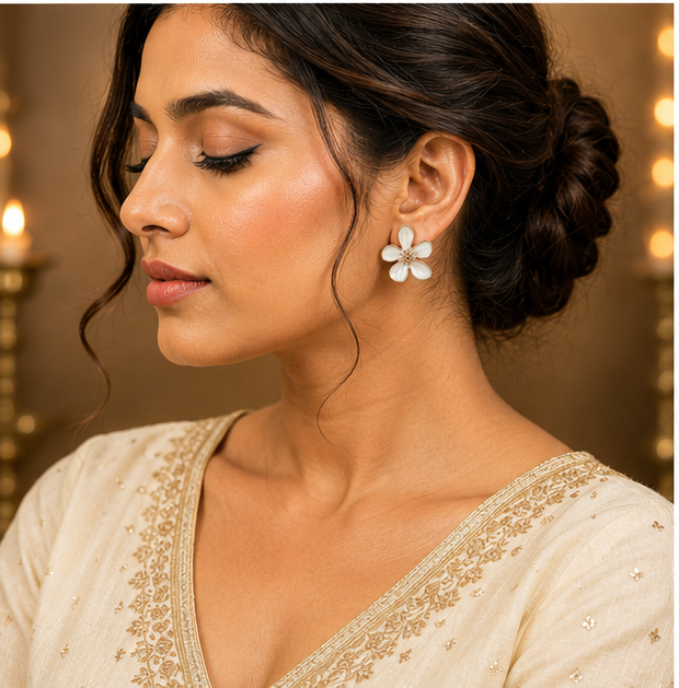 White Floral Enamel Stud Earrings for Women