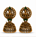 Antique Gold Lakshmi Temple Jhumka Earrings with Green Stones