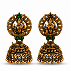 Antique Gold Lakshmi Temple Jhumka Earrings with Green Stones