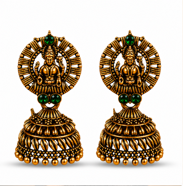 Antique Gold Lakshmi Temple Jhumka Earrings with Green Stones