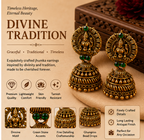 Antique Gold Lakshmi Temple Jhumka Earrings with Green Stones